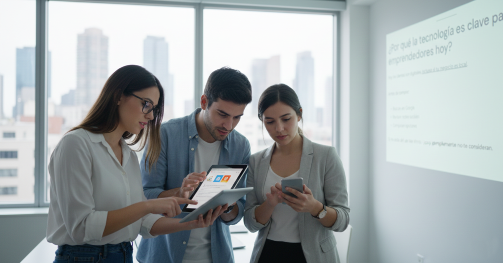 Equipo de trabajo colaborando en la transformación digital de un negocio utilizando dispositivos móviles en una oficina luminosa.