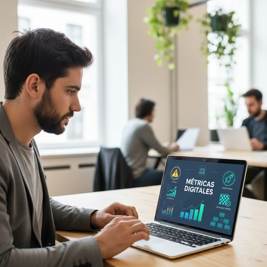 Emprendedor frente a laptop analizando métricas digitales, con íconos de alerta, crecimiento y estrategia online.