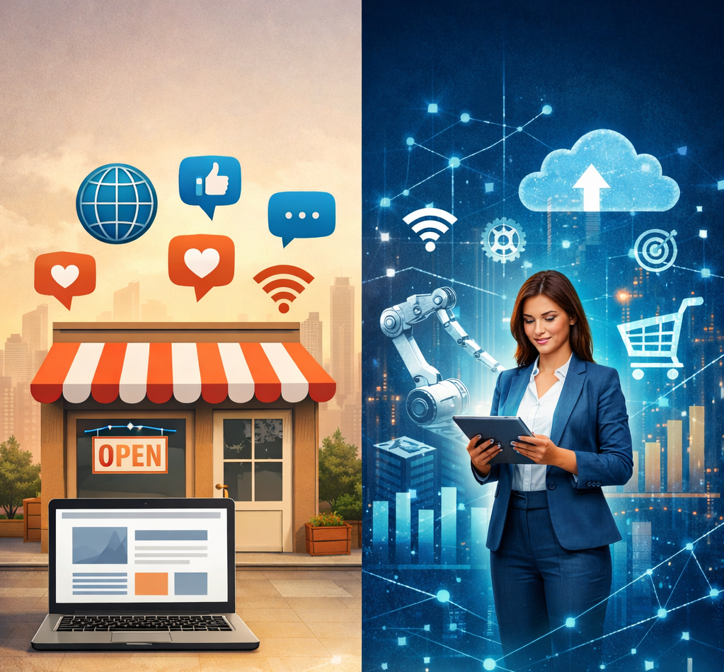 Ilustración dividida en dos: un negocio solo visible en redes y otro con procesos digitales, embudos y automatización.